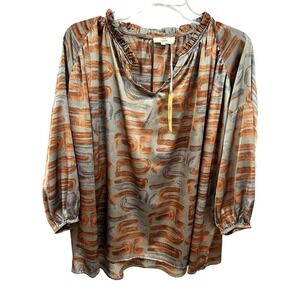 Entro Blouse Top Small Toffee Abstract Print Long Sleeve‎ Ruffle Neck